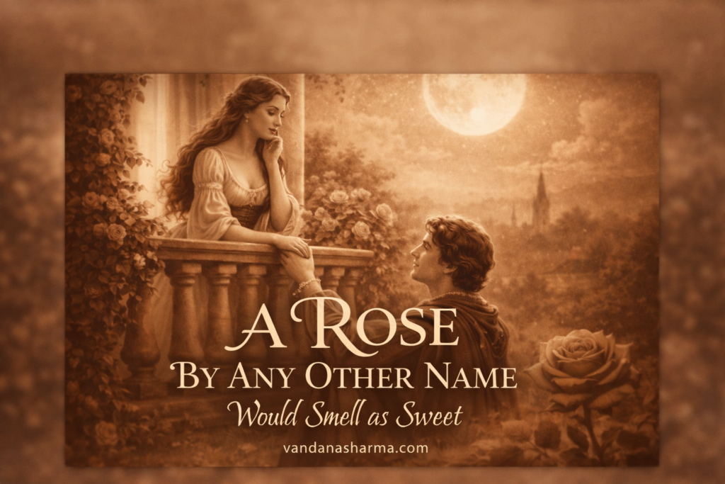Romeo and Juliet on a moonlit balcony with roses and Shakespeare quote.